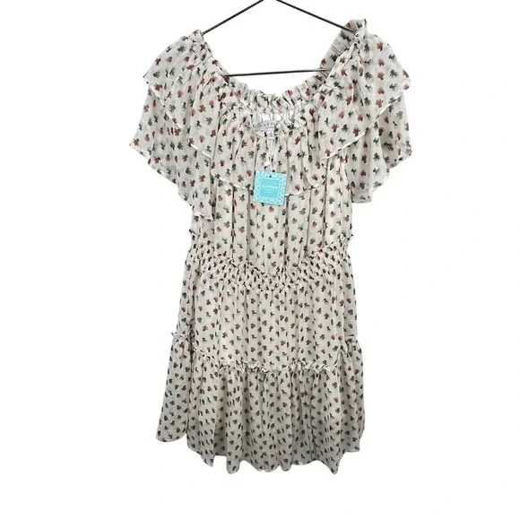 NWT Hayden Floral Cream Mini Dress Smock Ruffle Short Sleeve M Y2K Boho Whimsy - Picture 3 of 9